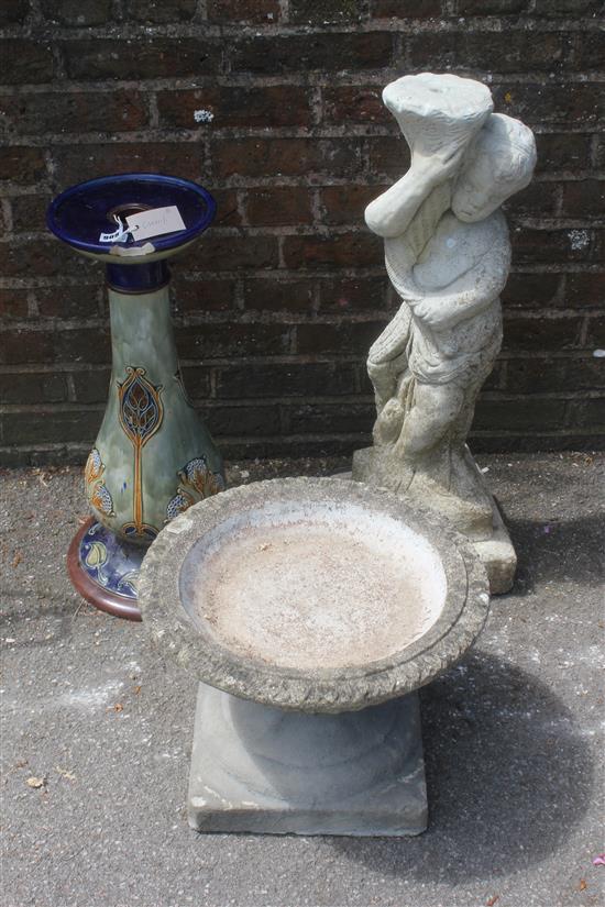Garden statue, bird bath & Doulton jardinere stand (a/f)
